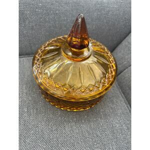 Vintage Indiana Glass Amber Gold Diamond Princess Covered Candy Dish w/ Lid
